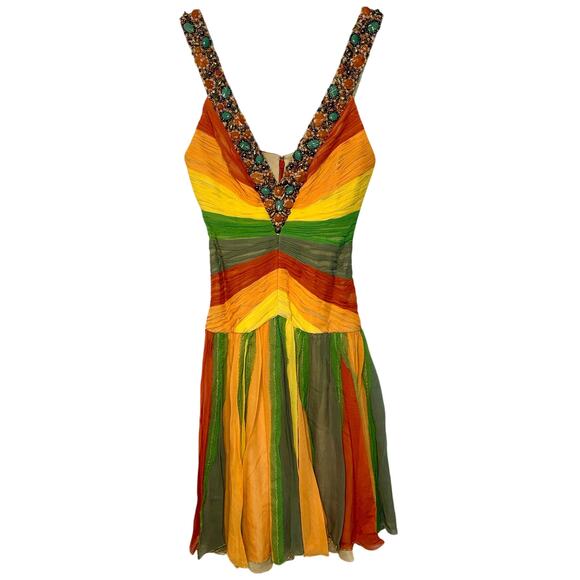 Mandalay Dresses & Skirts - Beaded V-Neck Striped Midi Dress in Orange, Yellow & Green